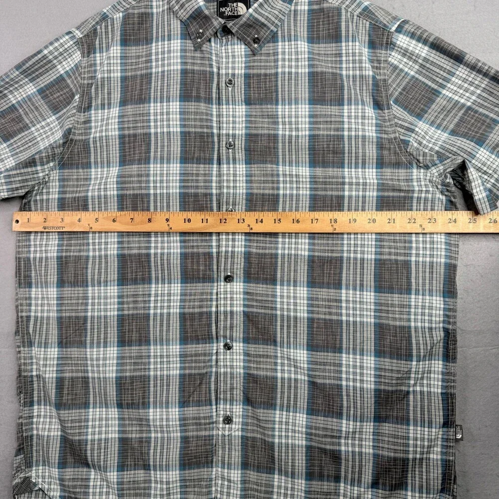 The North Face Shirt Mens XL Gray Blue Plaid Short Sleeve Button Down Nylon